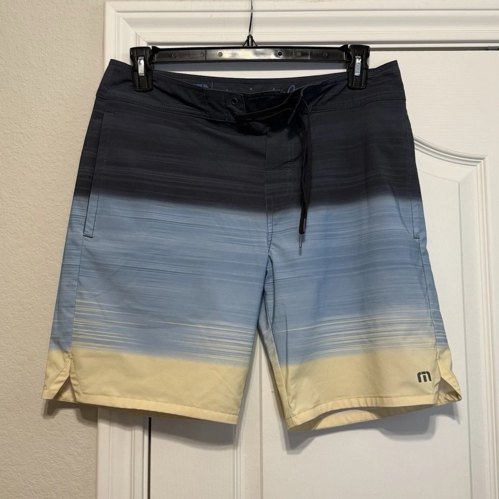 Travis Mathew Mens Board Shorts Swim Trunks Size 32 Blue Yellow 8.5" Inseam
